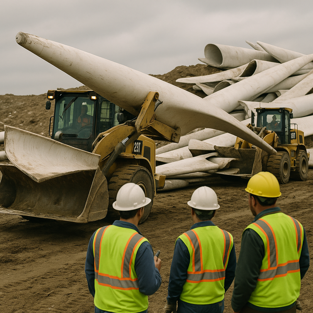 Bulldozers moving massive wind turbine blade pieces at landfill site, with piles of oversized fiberglass blades and workers inspecting under an overcast sky.