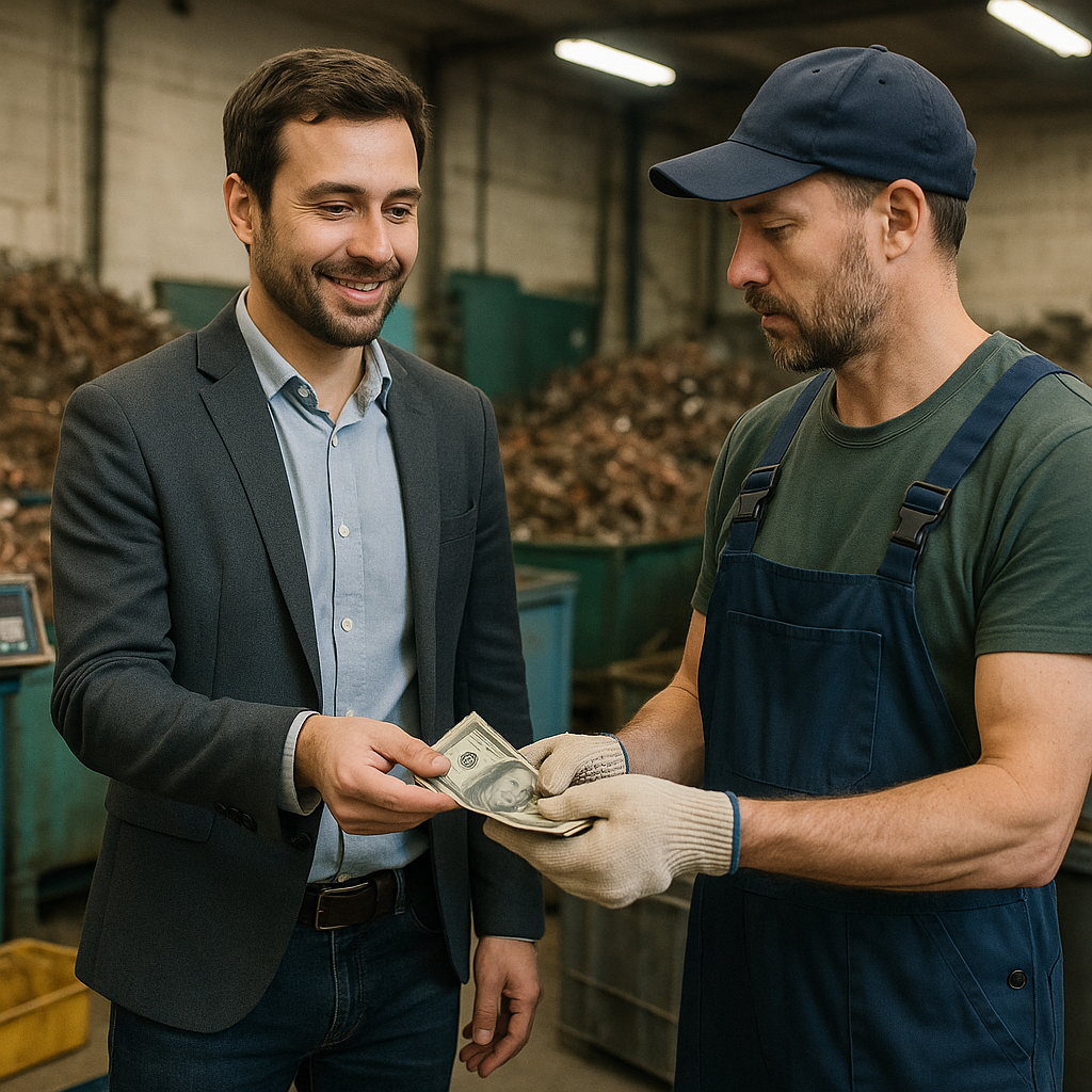 Business owner receiving payment from recycling center employee with weighed scrap metal in the background.