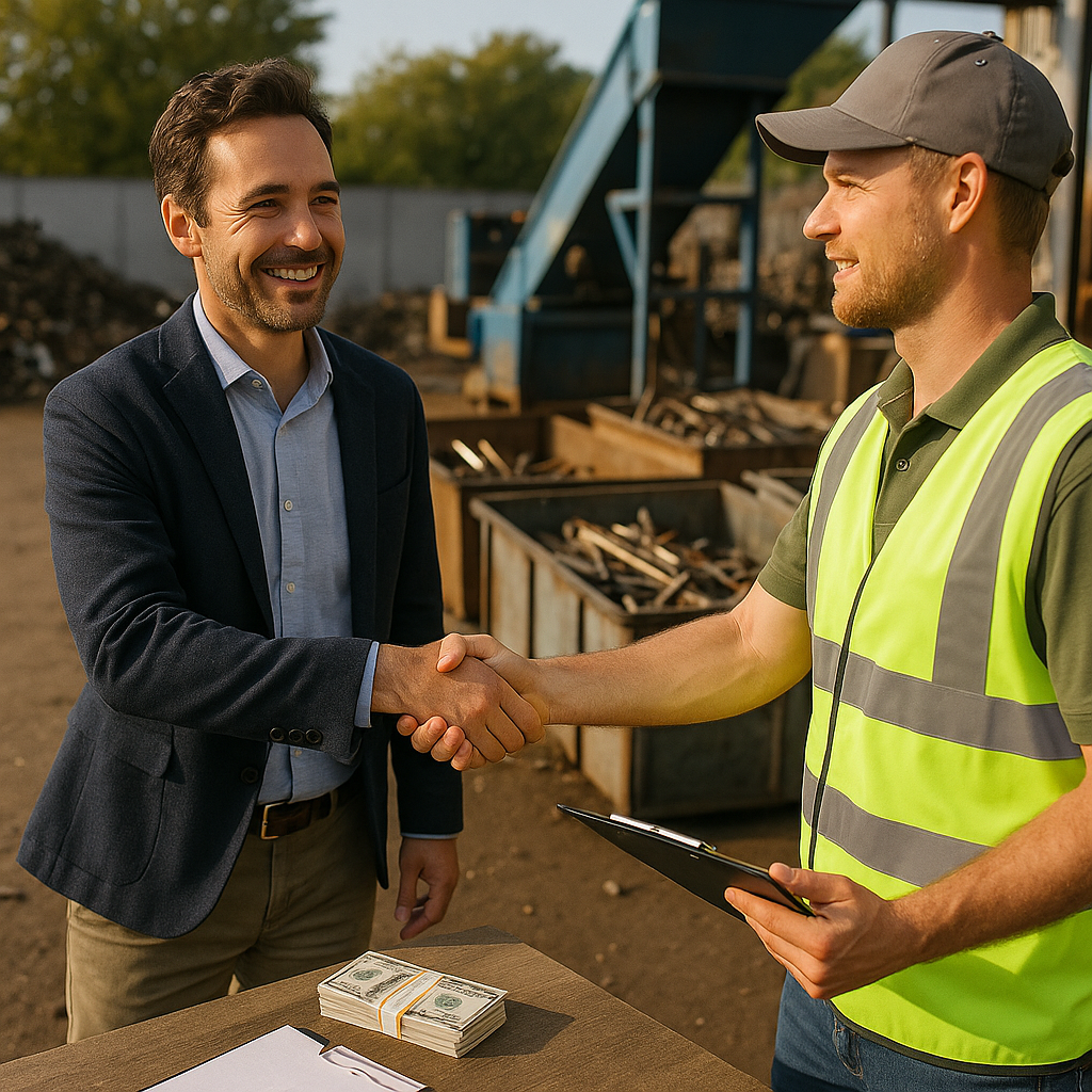 Business Owner and Recycling Professional Handshake A smiling business owner shaking hands with a recycling professional next to sorted scrap metals, with stacks of cash visible on a clipboard.