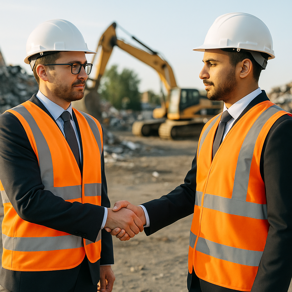 Business partners in safety vests shaking hands at a cleared demolition site with machinery and recycled materials in the background.