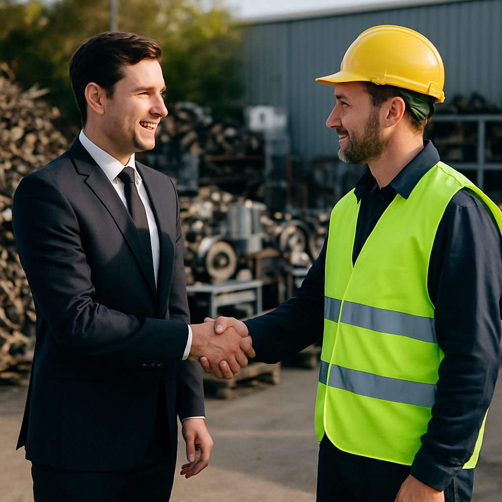 Business Professional and Facility Manager at Scrap Metal Yard Business professional shaking hands with facility manager at a scrap metal yard with an organized recycling area in the background.