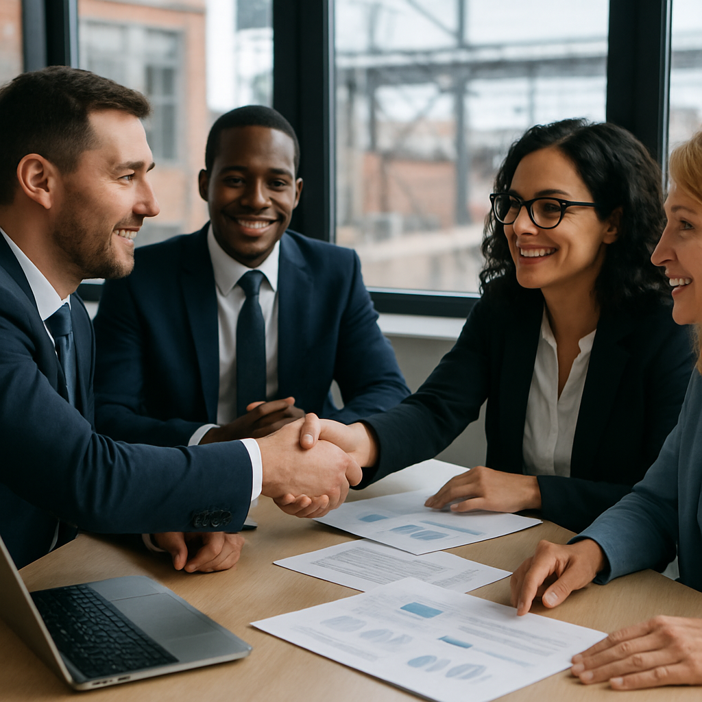 Business Team Meeting with Handshake Business team discussing options at a meeting table with laptops and documents, handshake in focus, industrial background visible through the window.