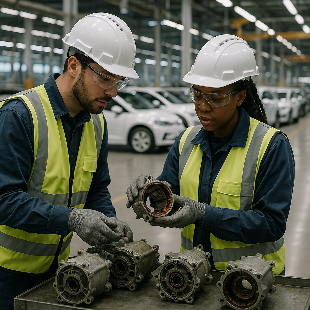 Engineers examining used car motors and extracting magnets for reuse in a busy electric vehicle manufacturing facility.