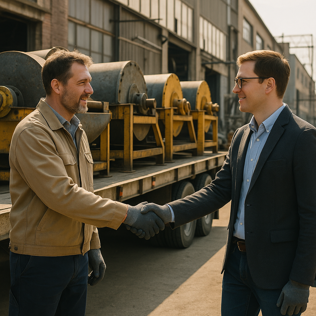 Seller and buyer shaking hands near an industrial warehouse with old magnetic separator machines on a flatbed truck.