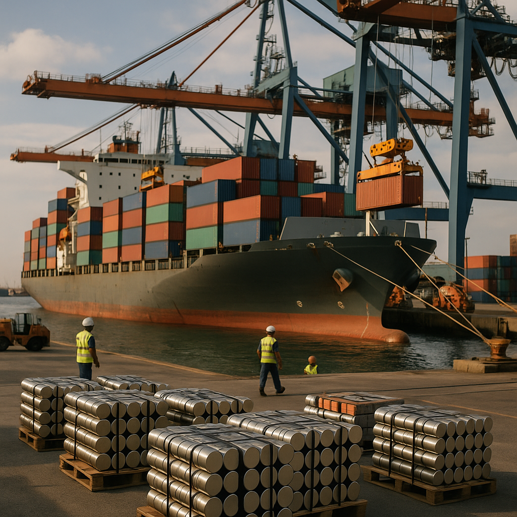 Busy International Port with Cargo Ship and Cranes Large cargo ship loaded with shipping containers at a busy international port, with cranes unloading and rare earth magnets stacked in the foreground.