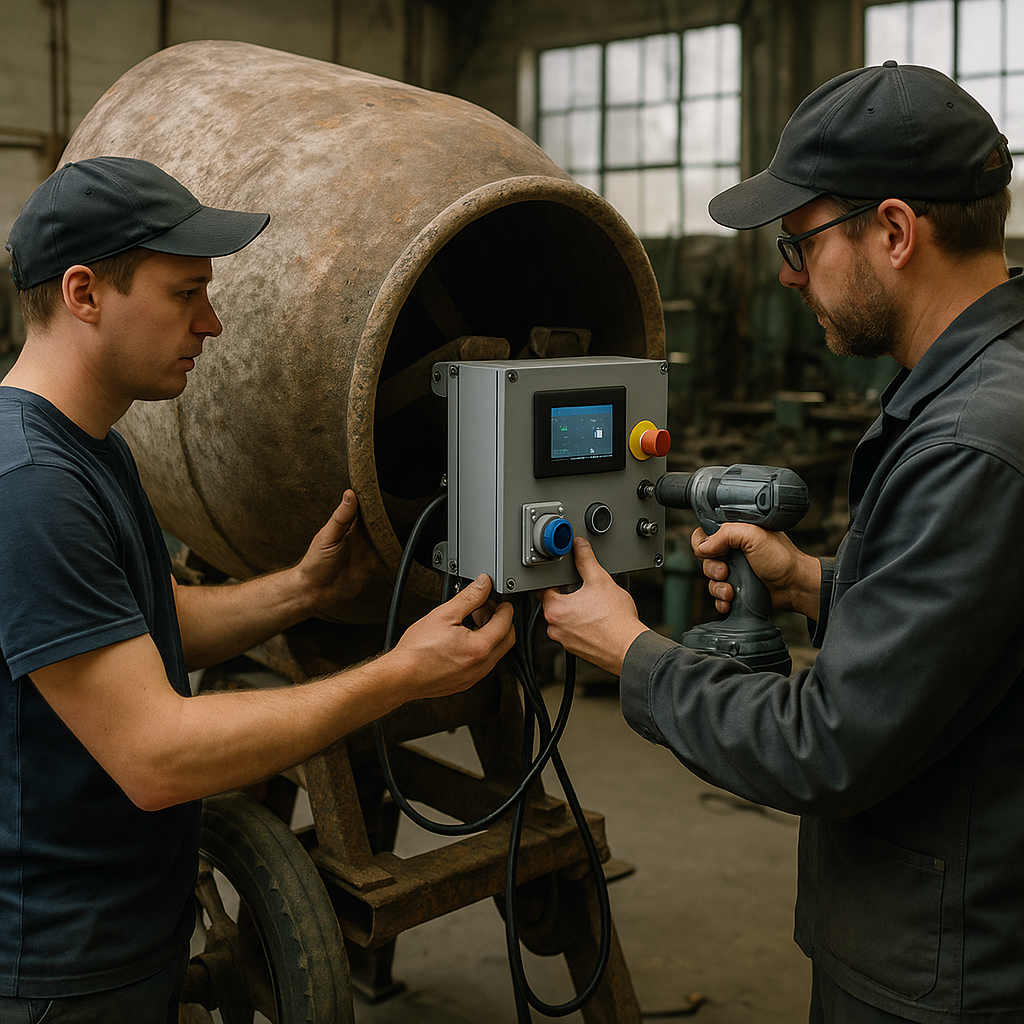Technicians adapting an old cement mixer drum with modern machinery in an industrial workshop
