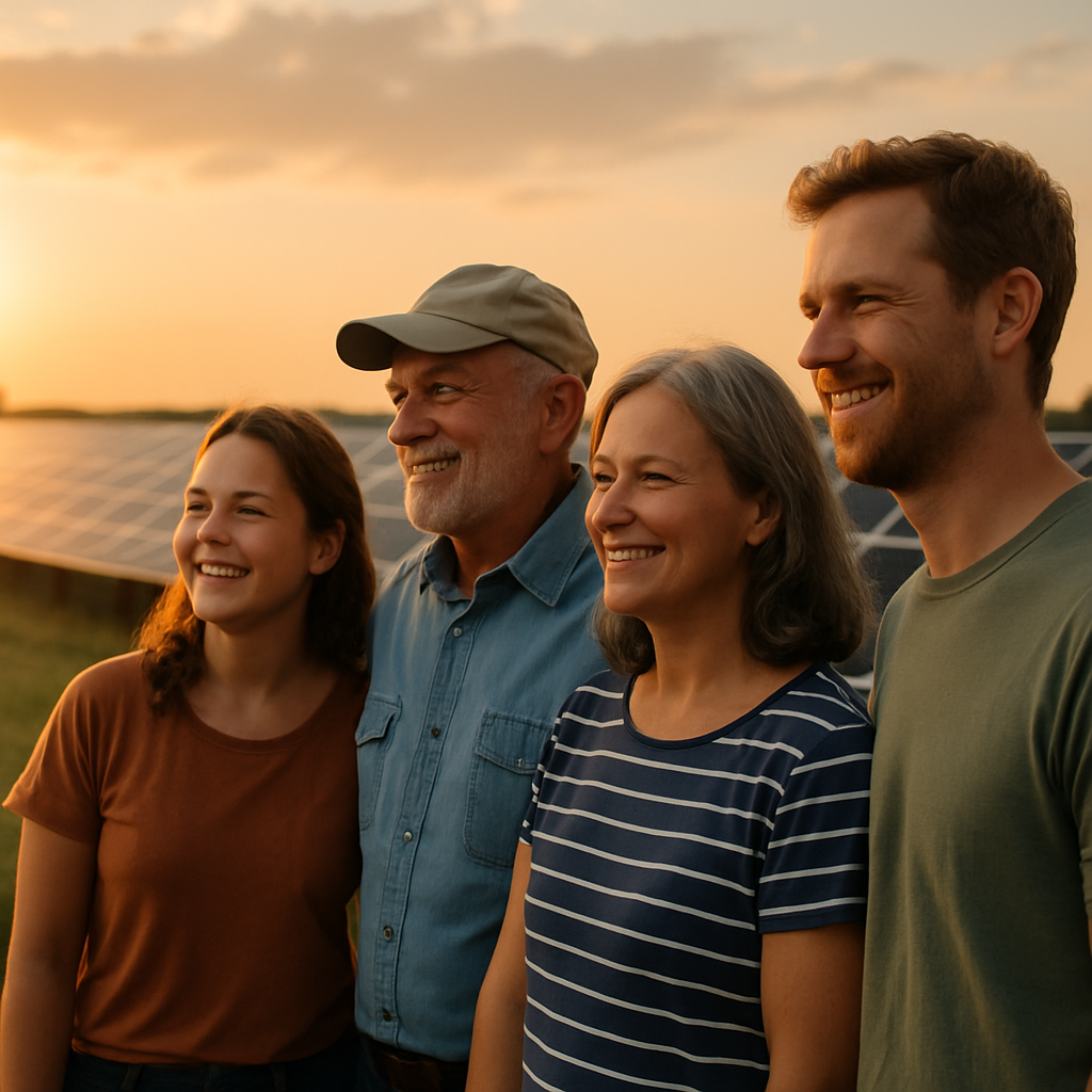 Residents of Childress County standing near a solar farm at sunset, smiling and looking towards rows of solar panels.