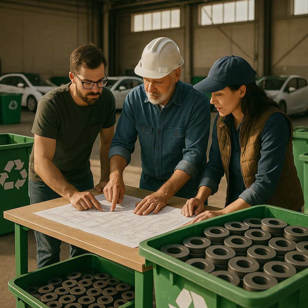 Engineers examining plans in a clean recycling facility with sorted magnets and electric vehicles in the background, conveying an optimistic atmosphere.