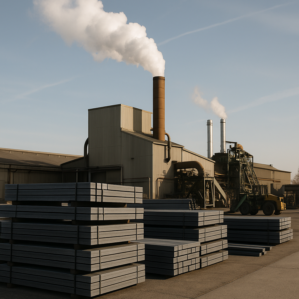 Environmental and Industrial Benefits of Steel Recycling Factory emitting clean steam with piles of prepared steel for recycling in the foreground, highlighting environmental benefits.