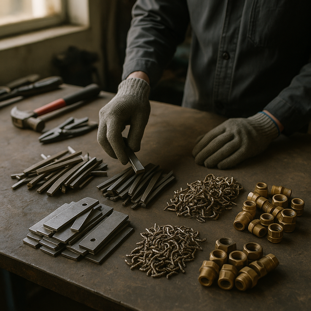 Sorting Metal Scrap in Workshop Person wearing gloves cleaning and sorting metal scrap by type on workshop table, neat piles ready for recycling, tools in background.