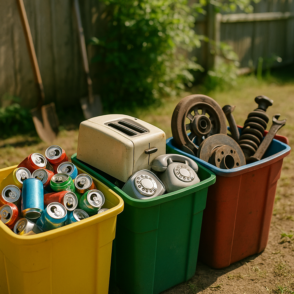 Sorting Household Waste in Colorful Bins Colorful recycling bins outdoors filled with everyday household items like soda cans, old appliances, and car parts.