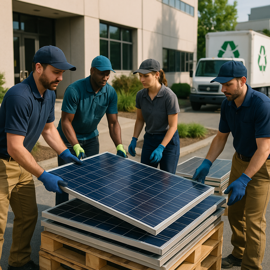 Commercial workers transporting used solar panels onto pallets outside a large business building, preparing for recycling pickup.