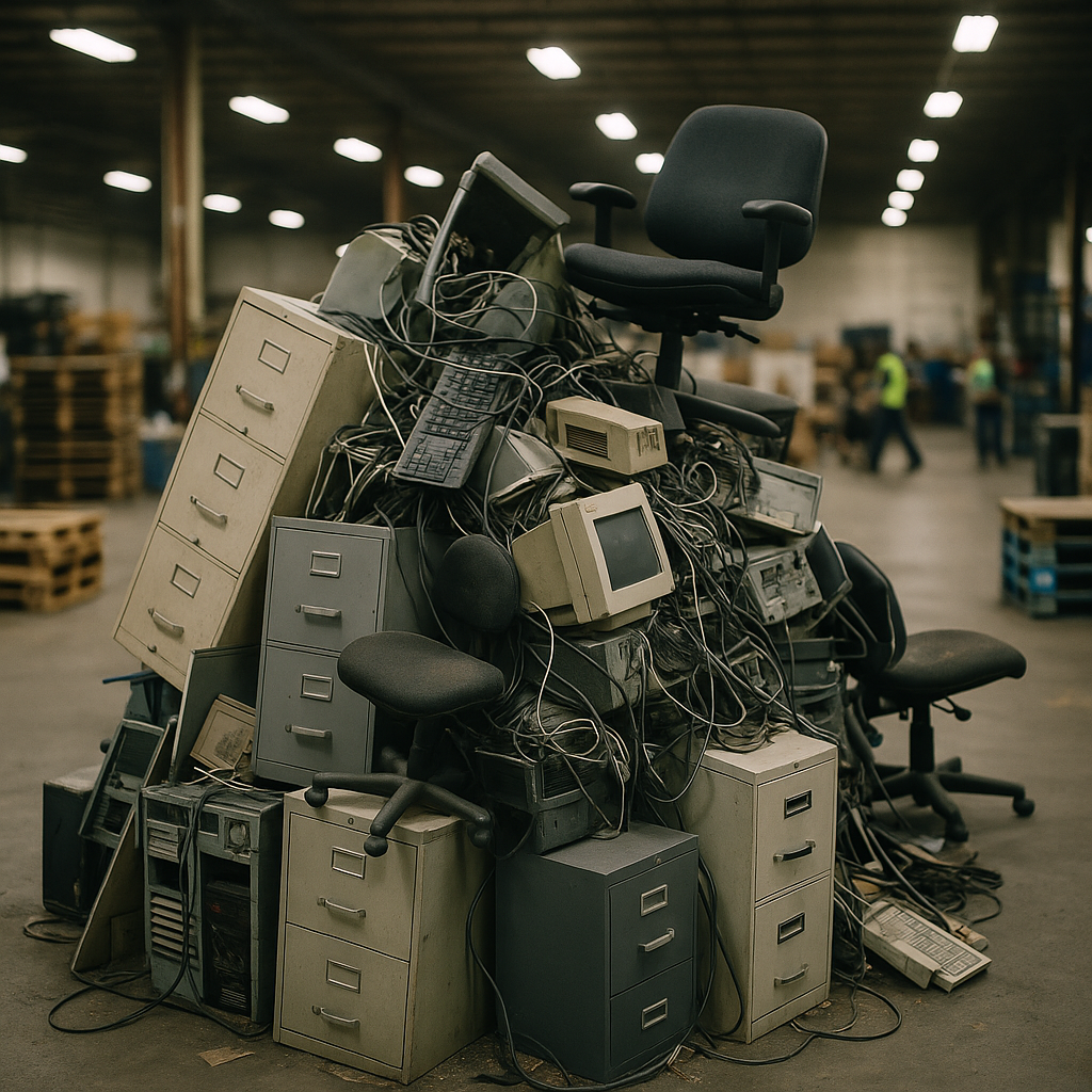 Large pile of assorted commercial junk including metal filing cabinets, office chairs, computer parts, and cables in a warehouse setting.