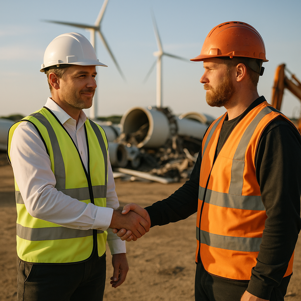 Construction manager shaking hands with demolition expert at a wind farm site with machinery and dismantled wind turbine parts in the background.