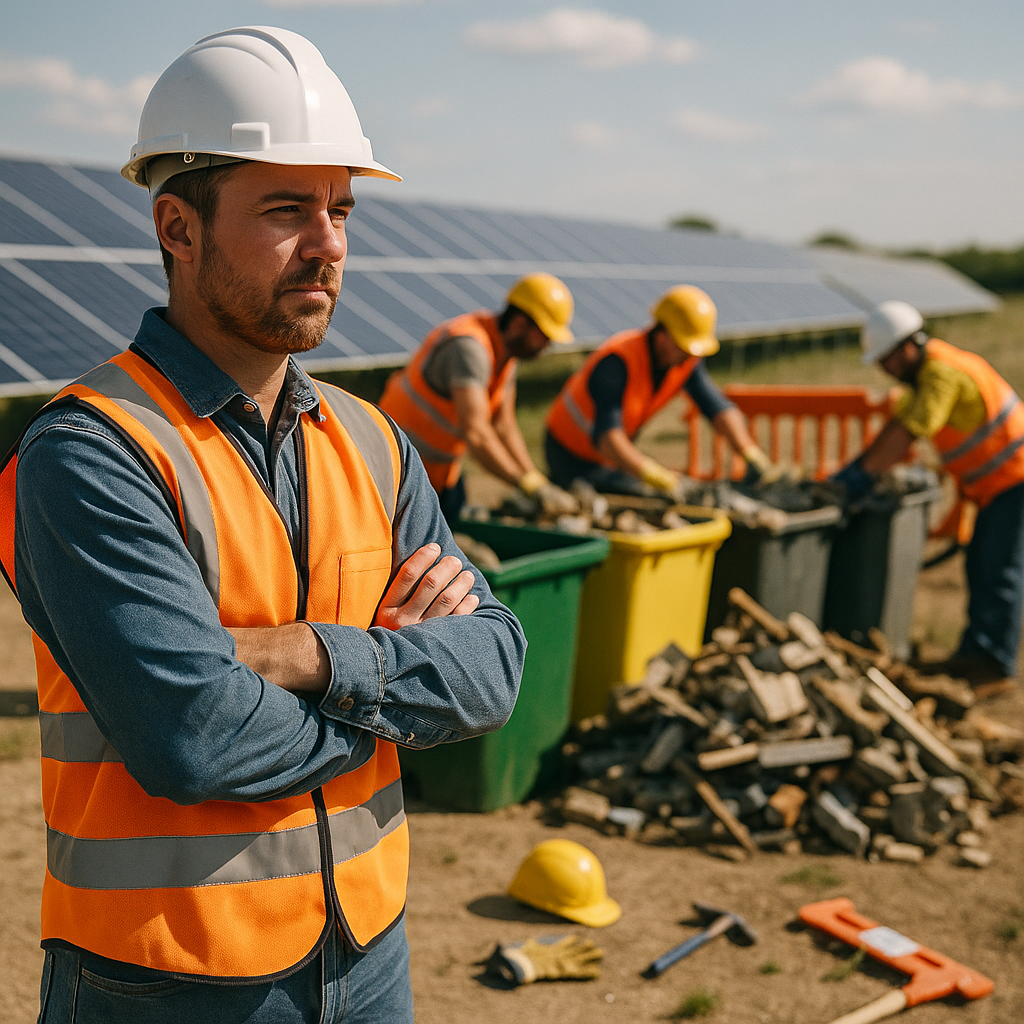 Construction site supervisor in safety vest overseeing waste bins and workers sorting debris at a bright solar farm.