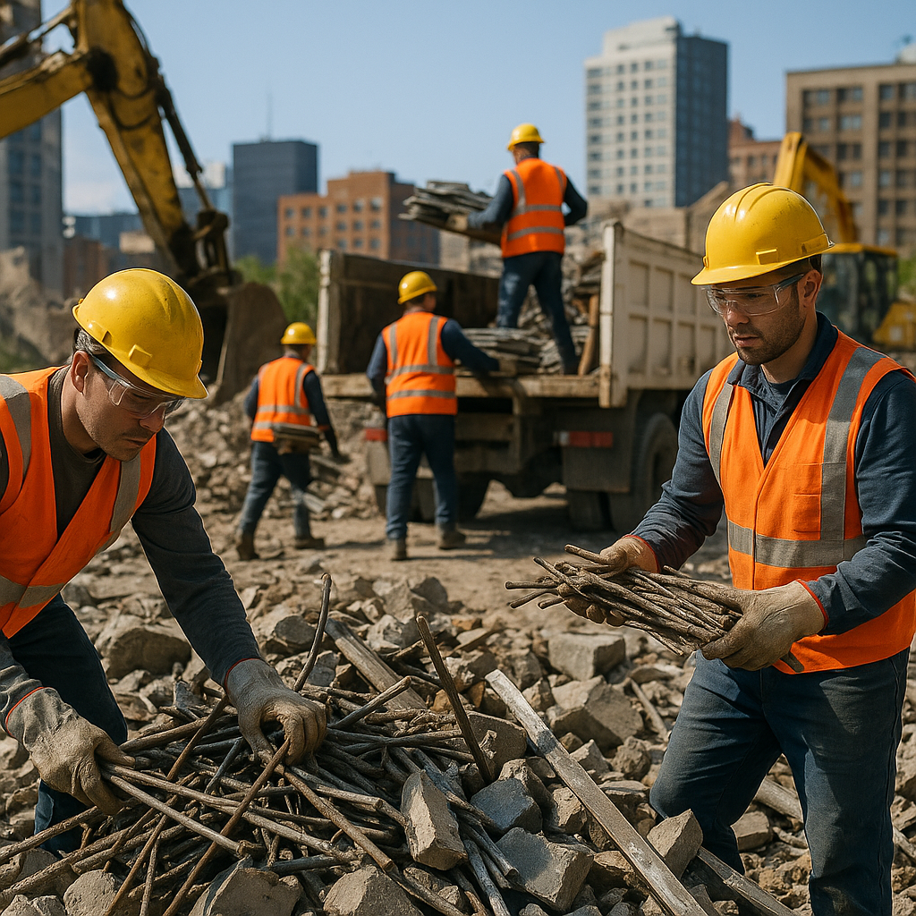 Construction workers sorting metal and concrete debris at a demolition site, loading recyclables onto trucks with a clear sky in an urban setting.