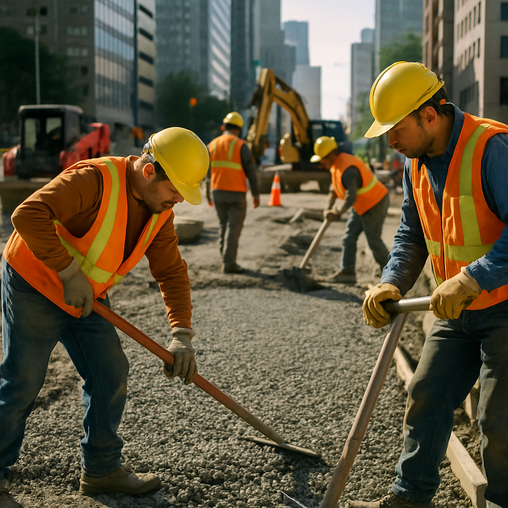 Construction site workers laying a foundation with gravel made from recycled concrete against a clear urban background.