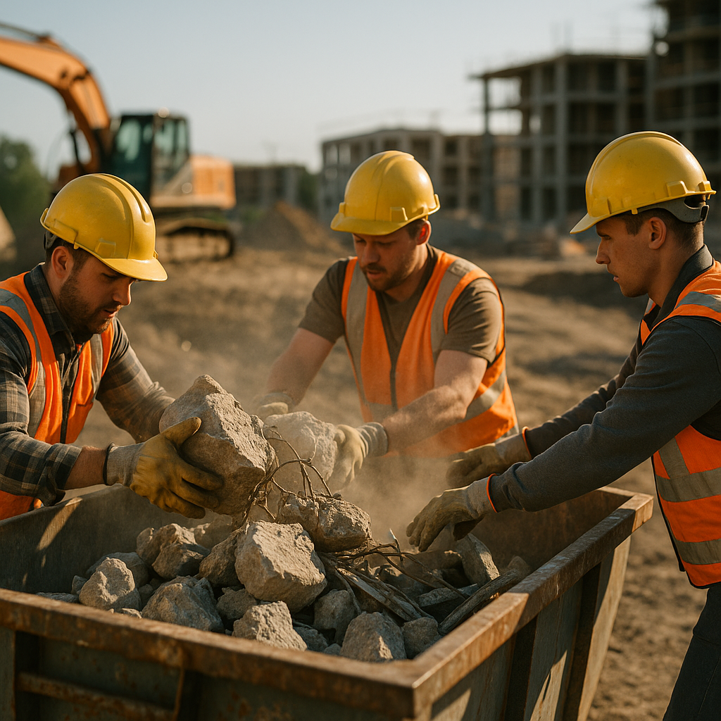 Loading Concrete Debris at Job Site Construction workers loading dense concrete chunks and metal debris into a heavy-duty dumpster at a job site, with dust rising in the sunlight.