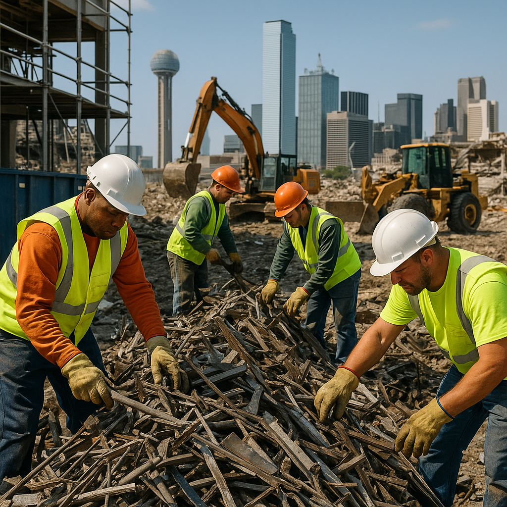 E‑waste and demolition waste are mixed at a waste recycling site in Dallas, TX