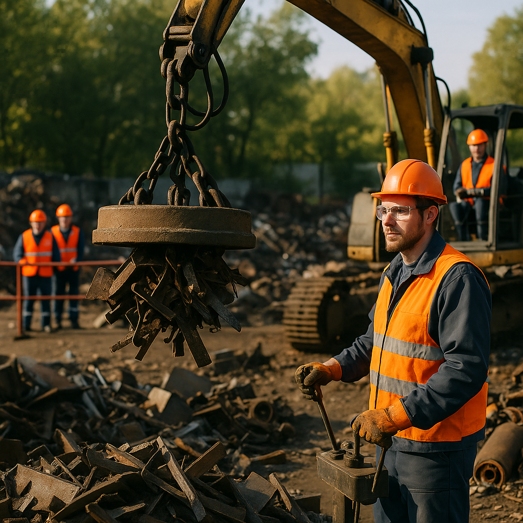 Crane Operation in a Scrap Yard Worker operating a crane with a scrap lifting magnet to safely pick up metal pieces in a cluttered yard, with other workers observing from behind safety barriers, all wearing safety gear.