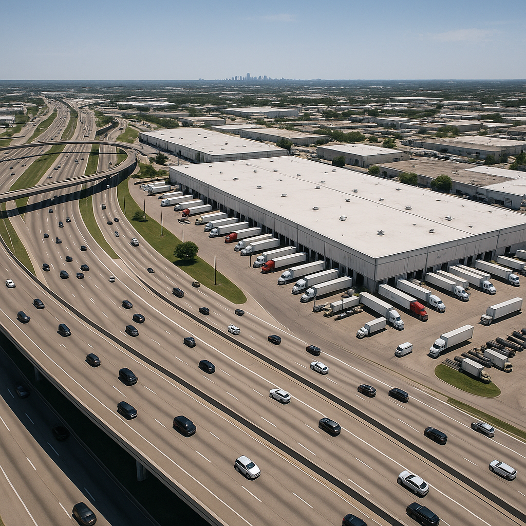 Aerial view of a logistics hub in Dallas-Fort Worth area, featuring busy highways with trucks loading and unloading around warehouses under clear skies during daytime.