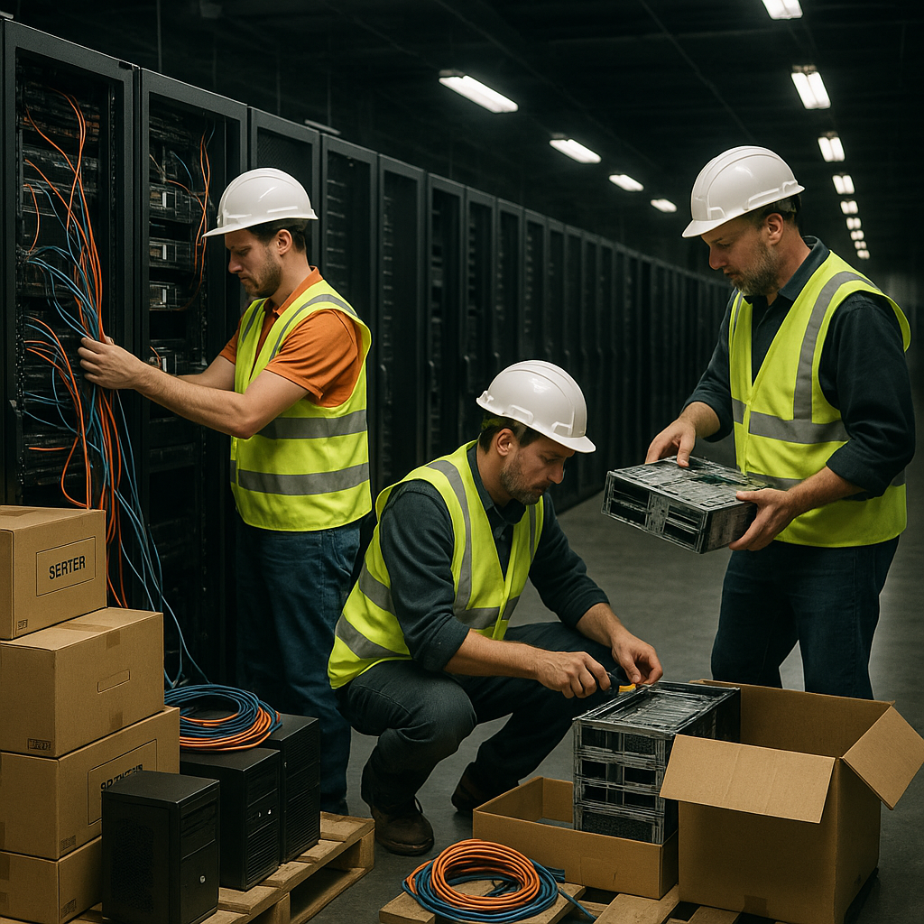 Technicians in safety vests dismantling server racks inside a large, dimly lit data center, with organized cables and labeled boxes on pallets.