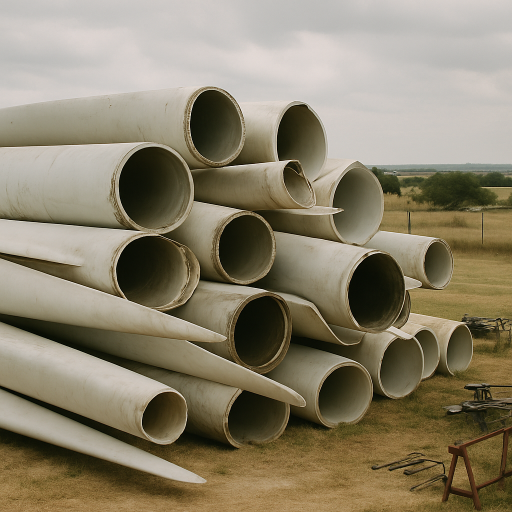 Large pile of decommissioned wind turbine blades stacked outdoors in a rural Texas landscape under a cloudy sky.