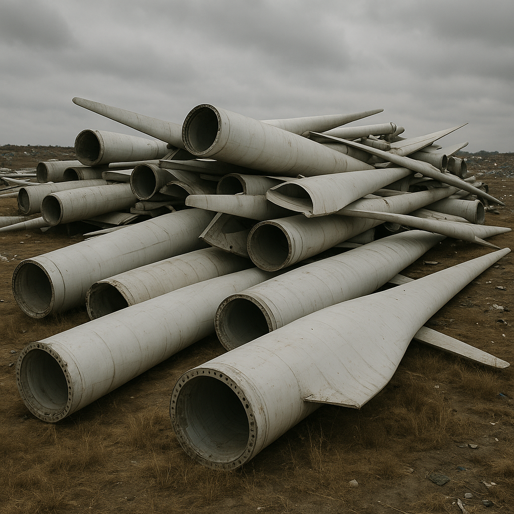 Discarded Wind Turbine Blades in Landfill Giant discarded wind turbine blades stacked in an open landfill with dry grass and dirt under an overcast sky.