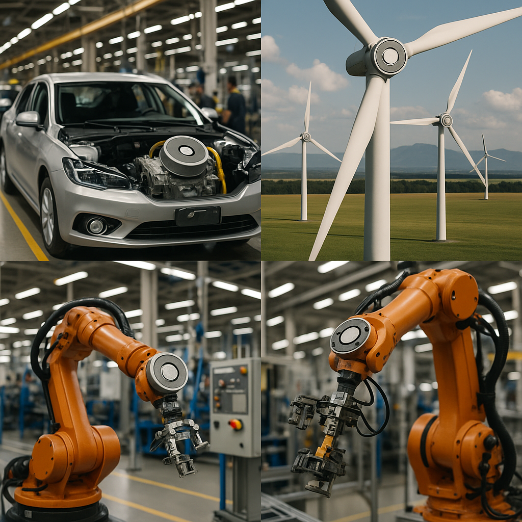 Collage of Electric Vehicles and Renewable Technology Collage displaying electric vehicles, wind turbines, and industrial robotics featuring rare earth magnets in realistic settings.