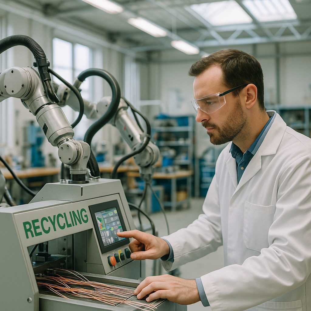 Engineer and Robotic Arms in Recycling Facility Engineer operating advanced recycling machinery with robotic arms processing superconducting wires in a bright laboratory setting.