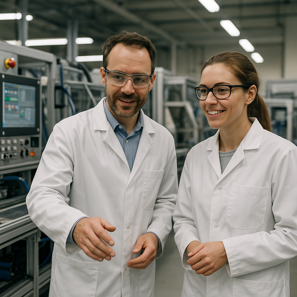 Engineers reviewing advanced recycling machines for rare earth magnets in a clean, high-tech factory, looking optimistic.