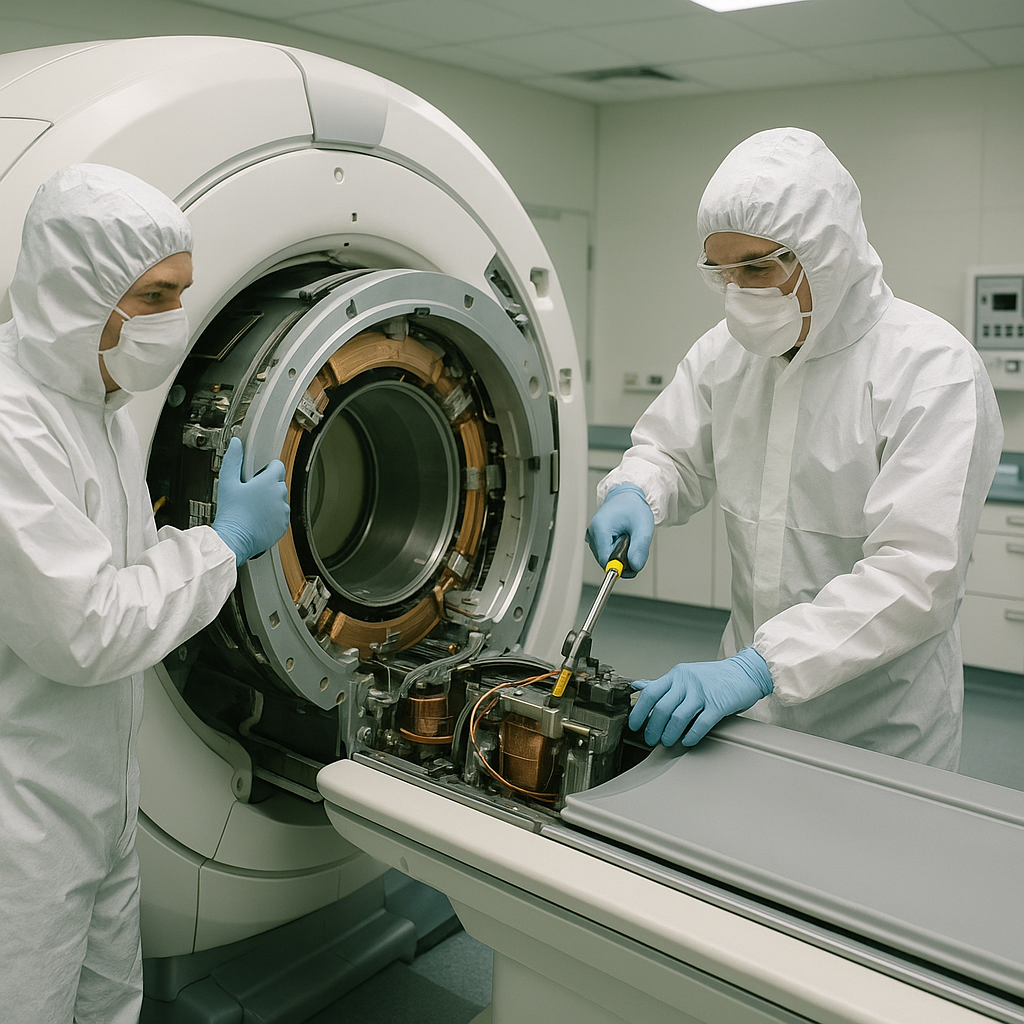 Engineers dismantling a large MRI scanner in a clean hospital room using specialized equipment.