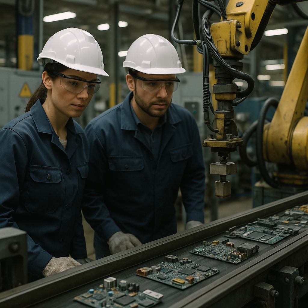 Supervision of Automated Machinery in Rare Earth Magnet Extraction Engineers supervising automated machinery that extracts rare earth magnets from old electronics on a factory assembly line.