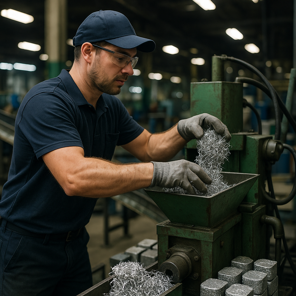 Factory worker placing loose aluminum shavings into a briquetting machine in an industrial setting.