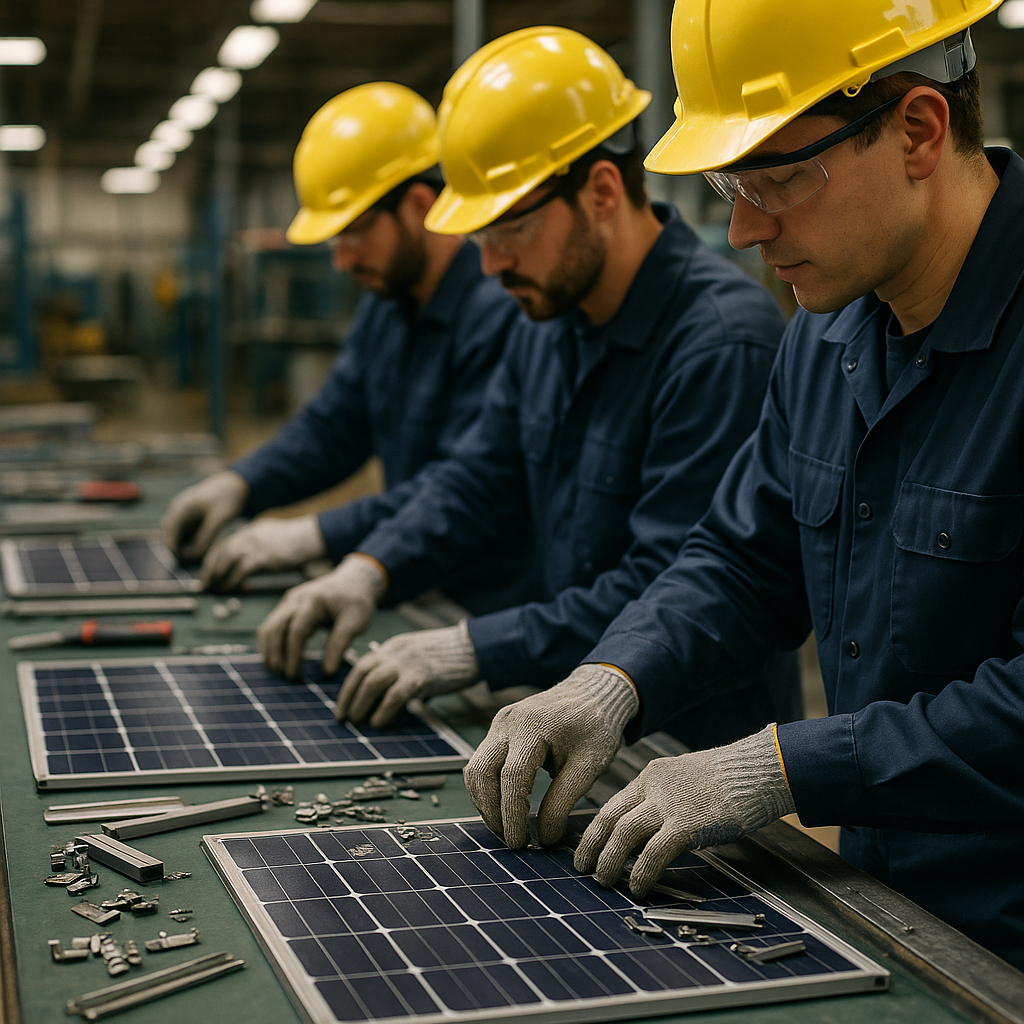Factory Workers Dismantling Solar Panels Close-up of factory workers in safety gear dismantling solar panels on conveyor belts, sorting and separating components.