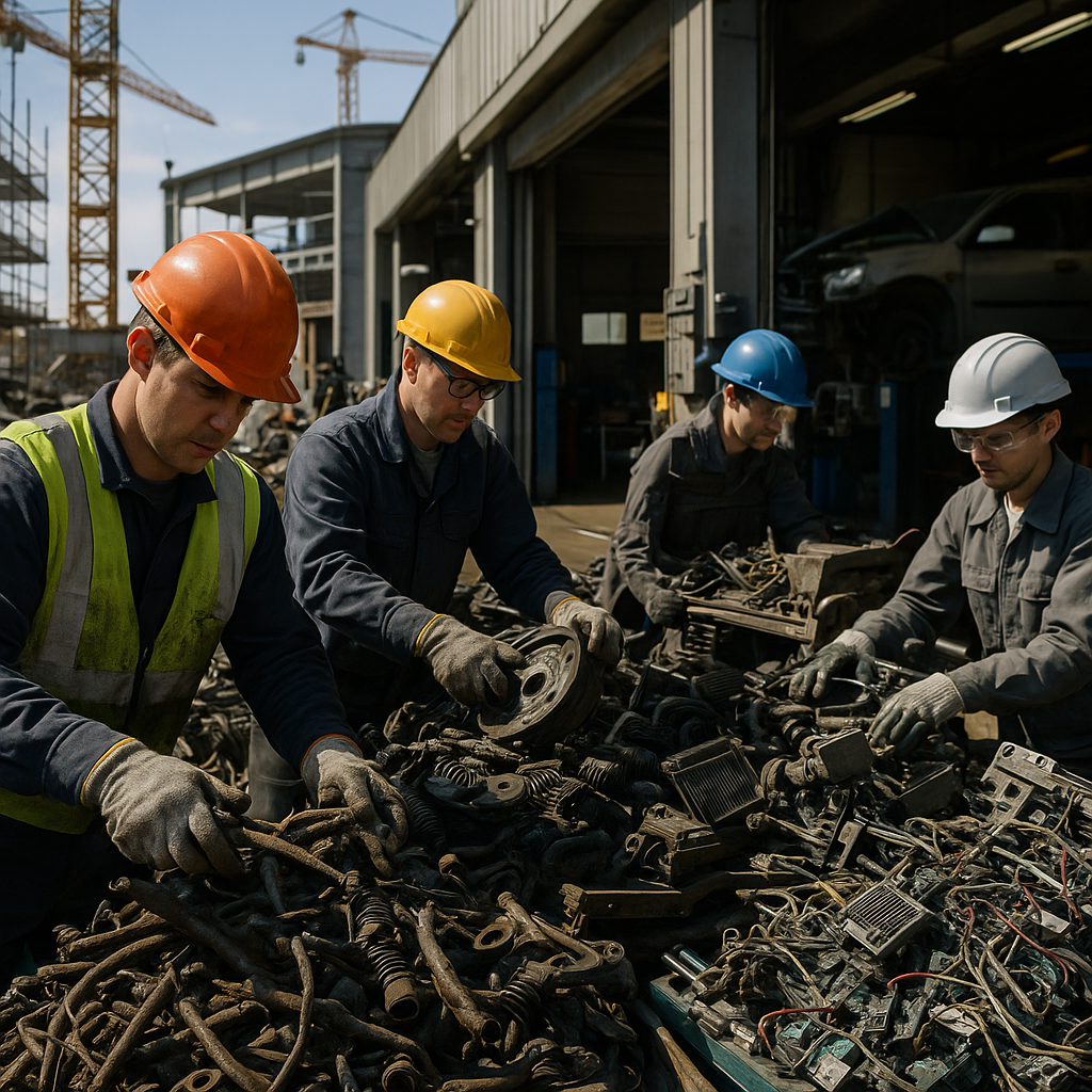 Collage depicting a factory, construction site, automotive garage, and electronics manufacturing plant with workers managing scrap metal.