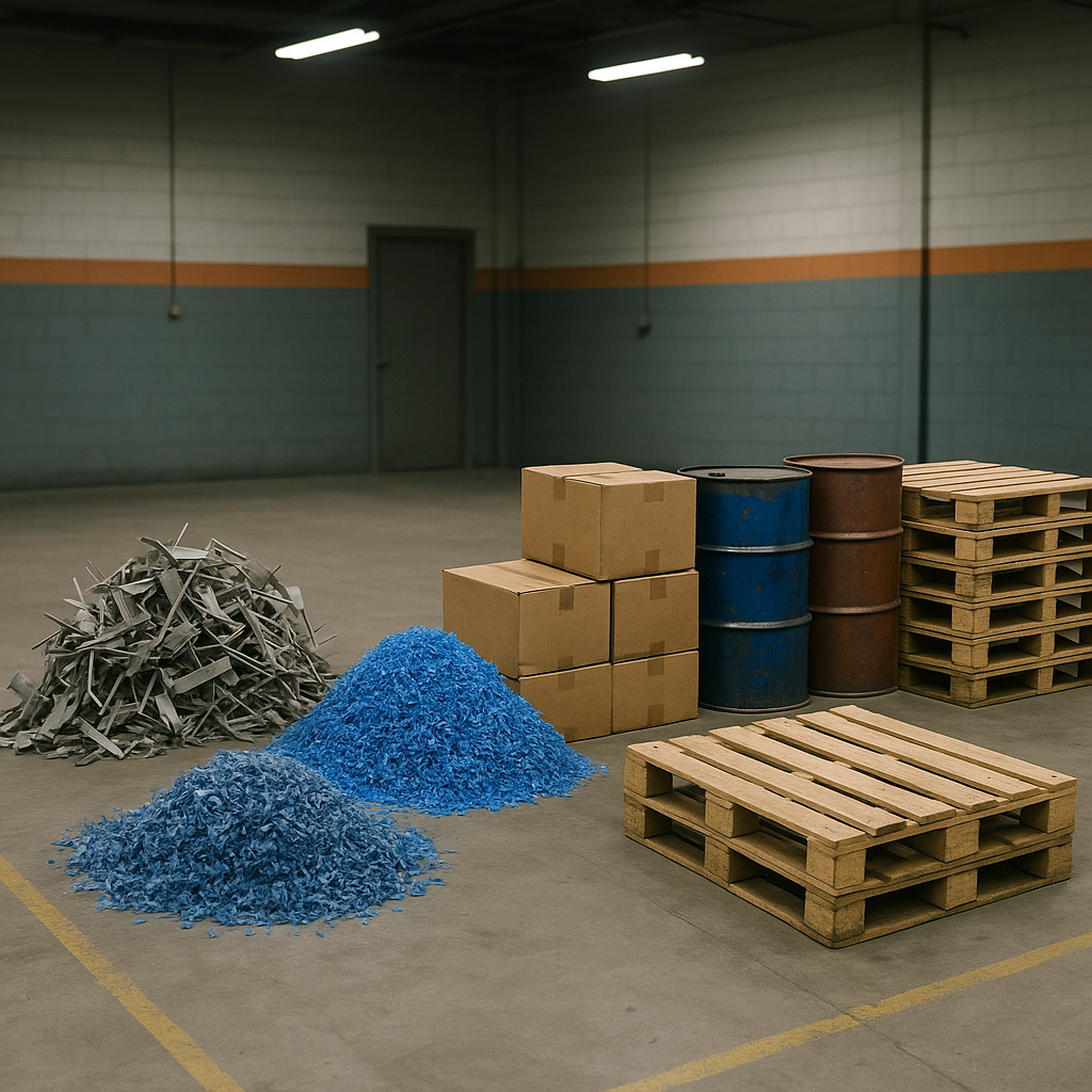 Factory Waste Organization A variety of factory waste items organized in separate piles on a concrete warehouse floor, including metal scraps, plastic shavings, cardboard boxes, used oil drums, and wooden pallets.