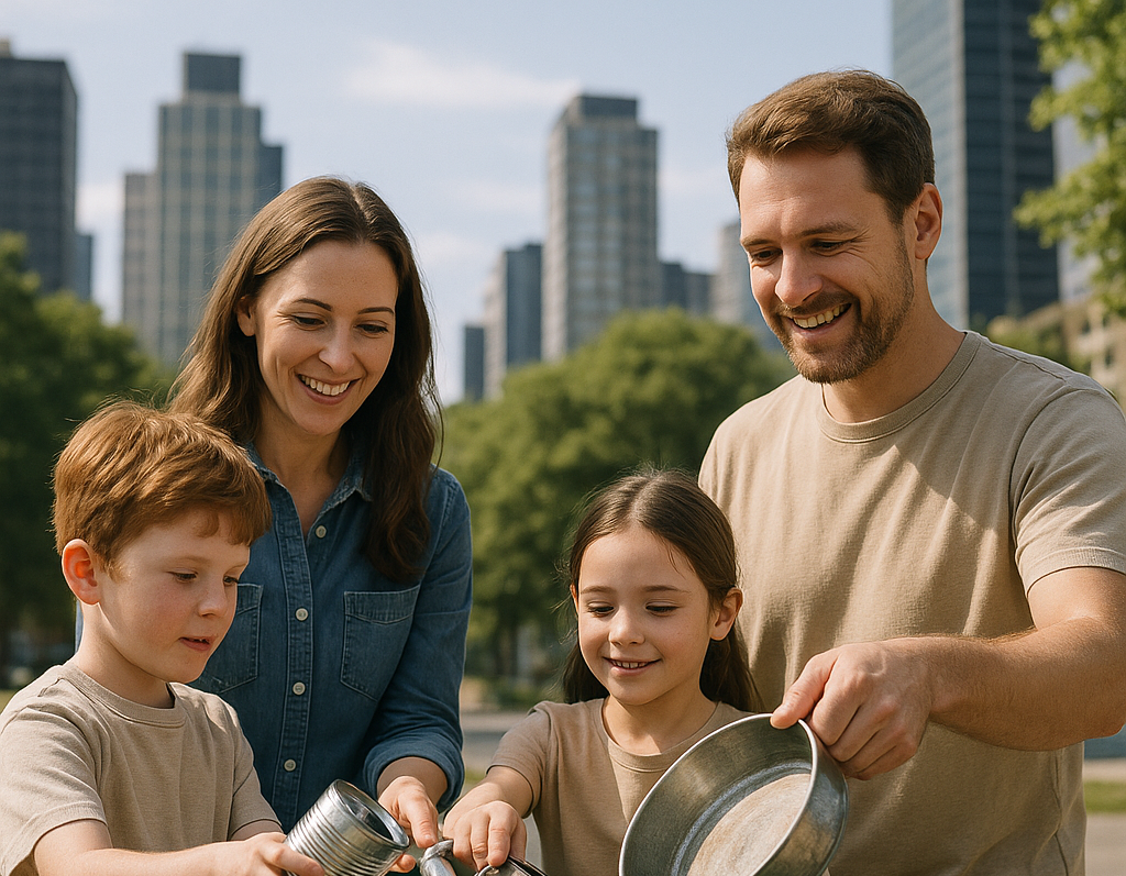 A family placing scrap metal into a recycling bin with a clean cityscape in the background on a bright sunny day.