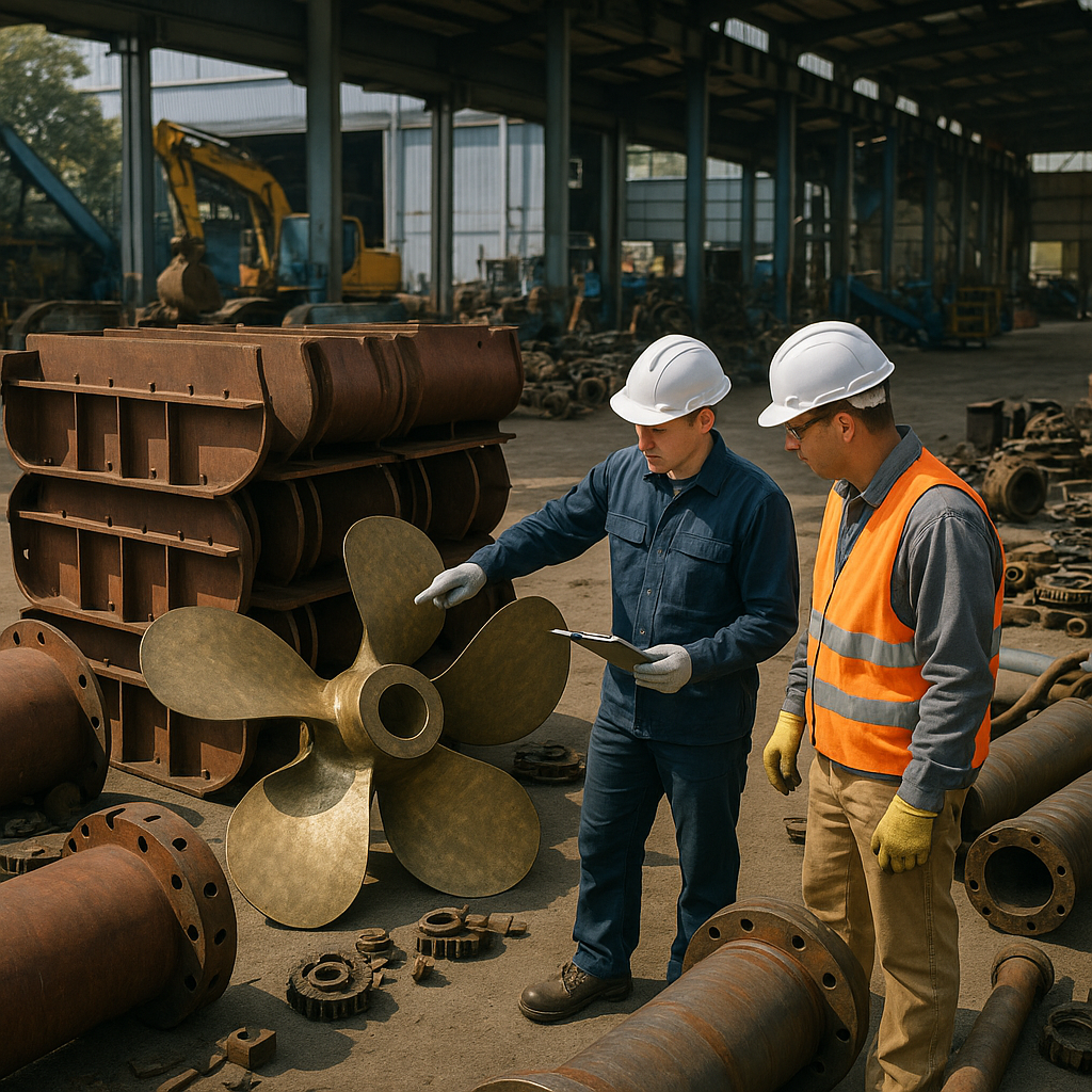 Close-up of FPSO ship parts including steel hull segments, large propellers, and pipes organized in a recycling facility with workers inspecting them.