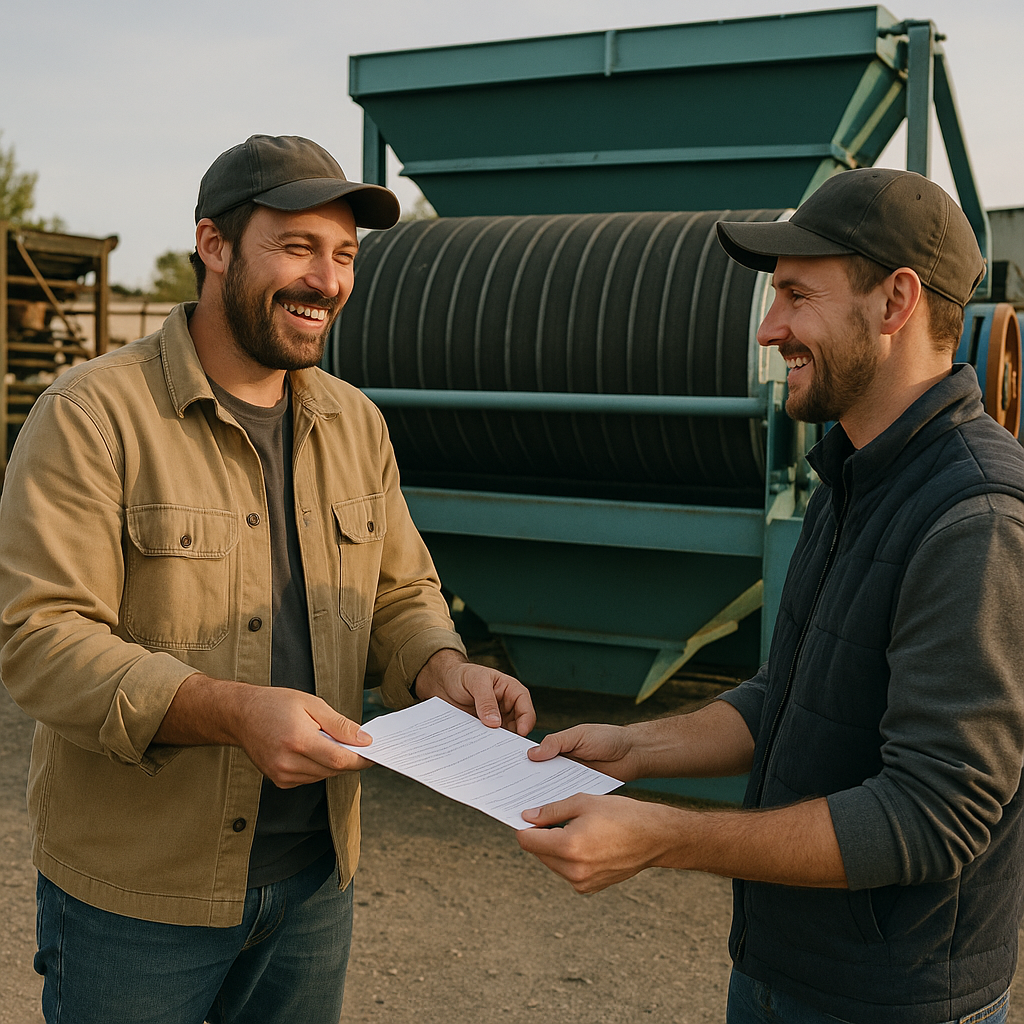 Happy seller handing over paperwork to the new owner of a magnetic separator in an industrial lot, both smiling beside the machinery.