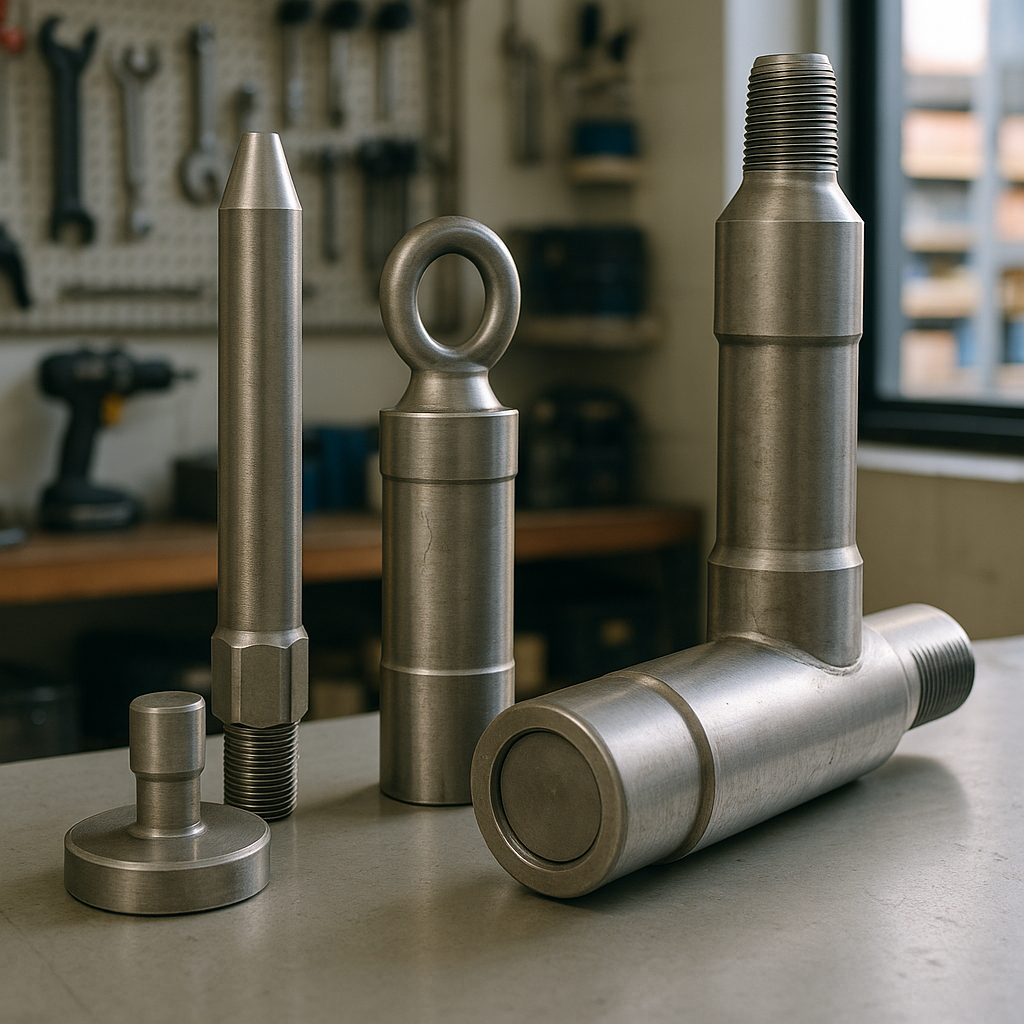 Heavy-Duty Downhole Magnets on Workbench Various types of heavy-duty downhole magnets displayed on a clean workbench in an oilfield equipment setting.