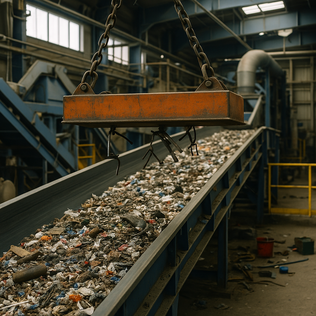 Industrial Conveyor Belt with Overband Magnet Industrial conveyor belt transporting mixed materials with an overband magnet lifting metal objects from the stream.