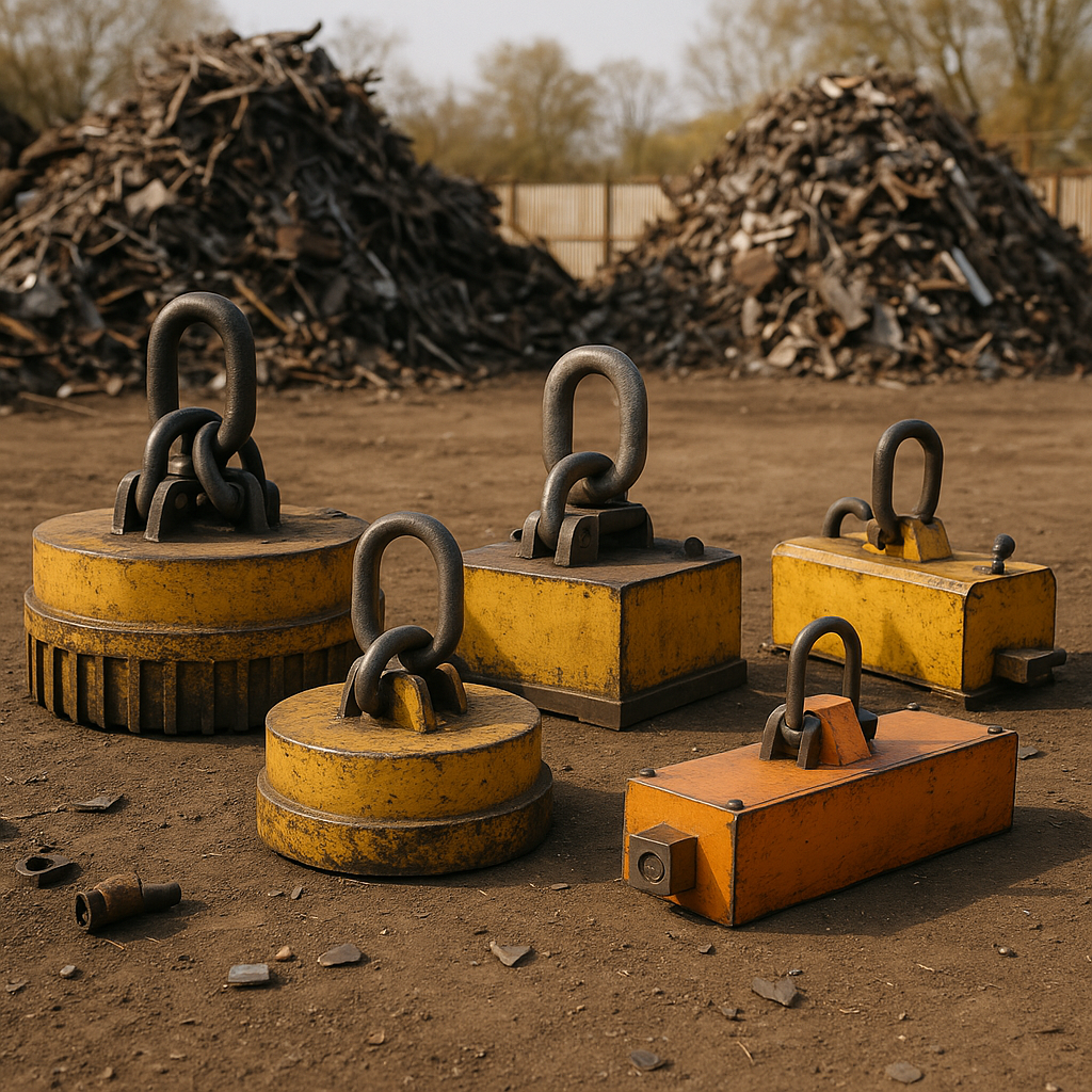 A variety of industrial lifting magnets, including round and rectangular electromagnets, displayed in front of metal debris piles at a scrapyard.