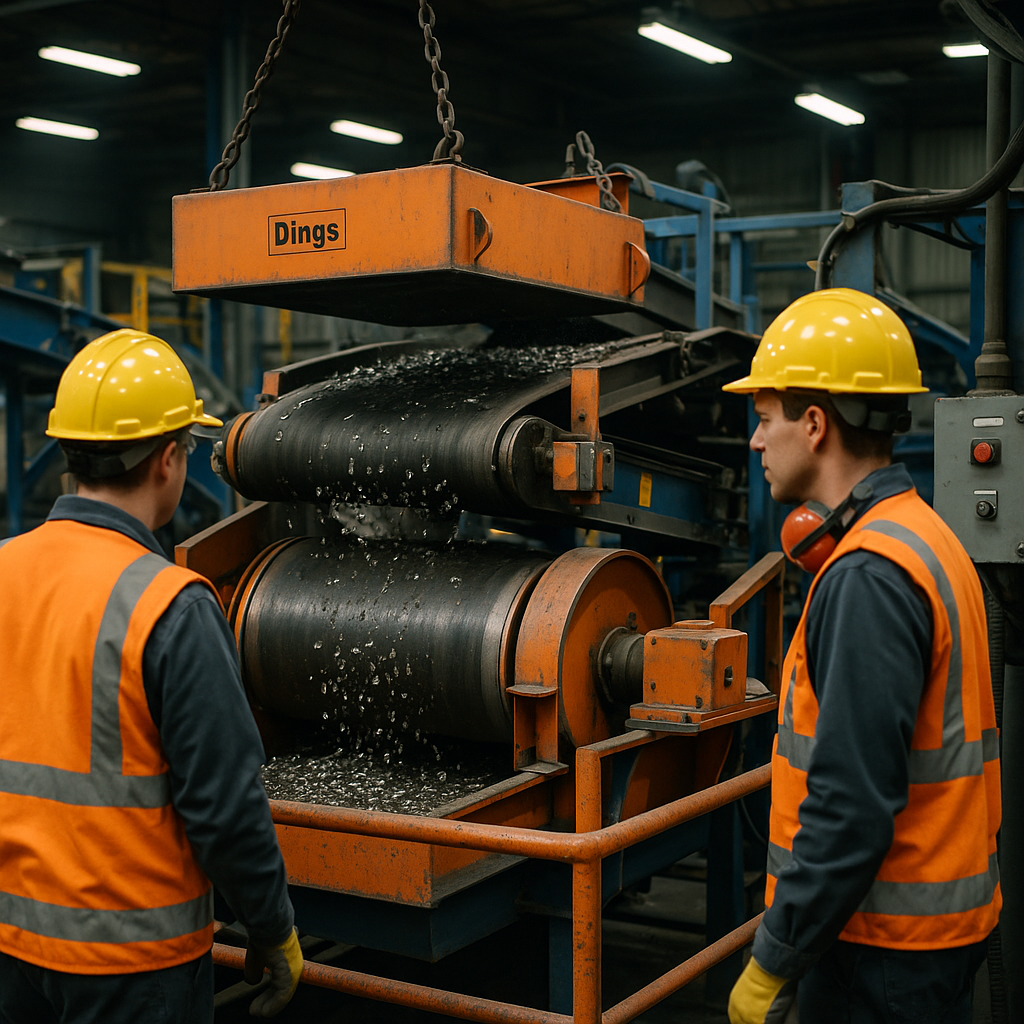 Industrial Magnetic Separators in Recycling Facility Close-up of various industrial magnetic separators, including conveyor belt magnets and drum separators, in a recycling facility with workers in safety gear.