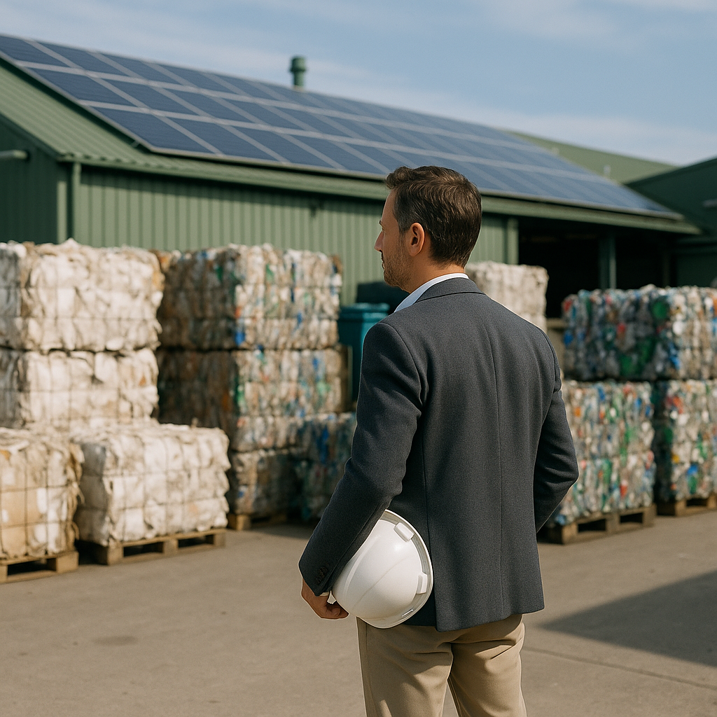 Industrial manager overseeing a clean recycling facility with organized waste materials and solar panels, highlighting cleanliness and environmental responsibility.
