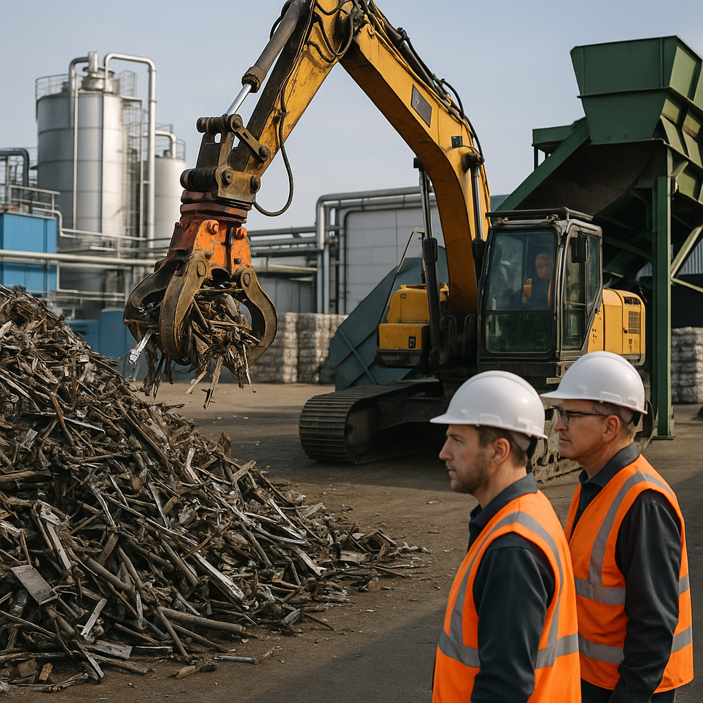 Workers monitoring advanced machinery in an industrial recycling facility sorting scrap metal and managing water treatment units.