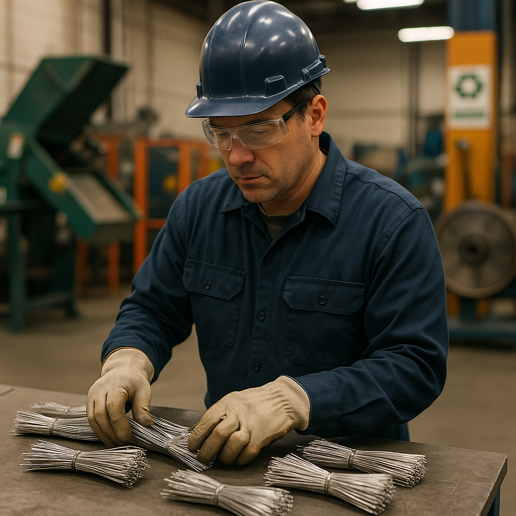 Technician Sorting Superconducting Wires Industrial technician sorting metallic superconducting wires in a factory setting.