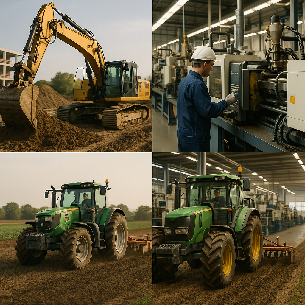 Industrial Scenes Montage: Hydraulic Systems in Action A montage showcasing a construction site with an excavator, a factory assembly line, and an agricultural tractor, highlighting their hydraulic systems.