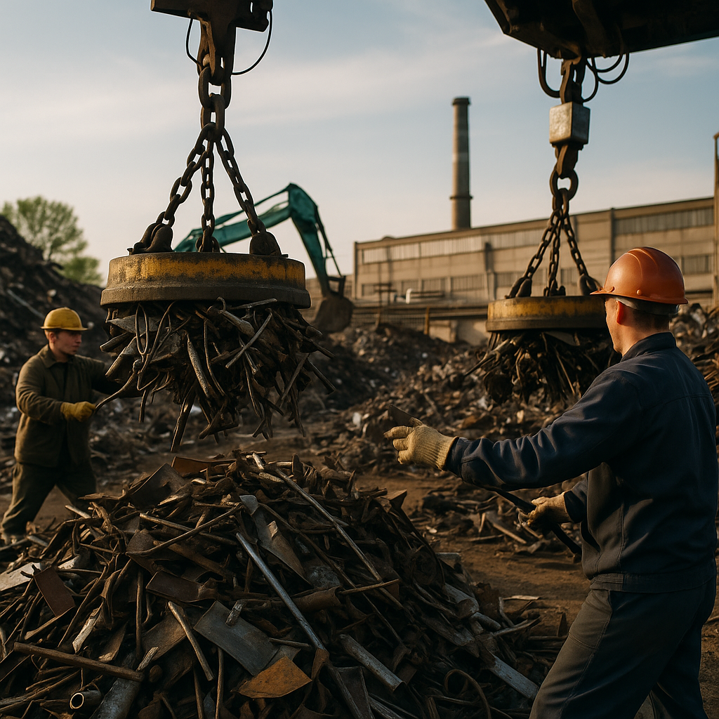 Busy Industrial Scrapyard Busy industrial scrapyard with workers using large overhead scrap magnets to move metal debris.