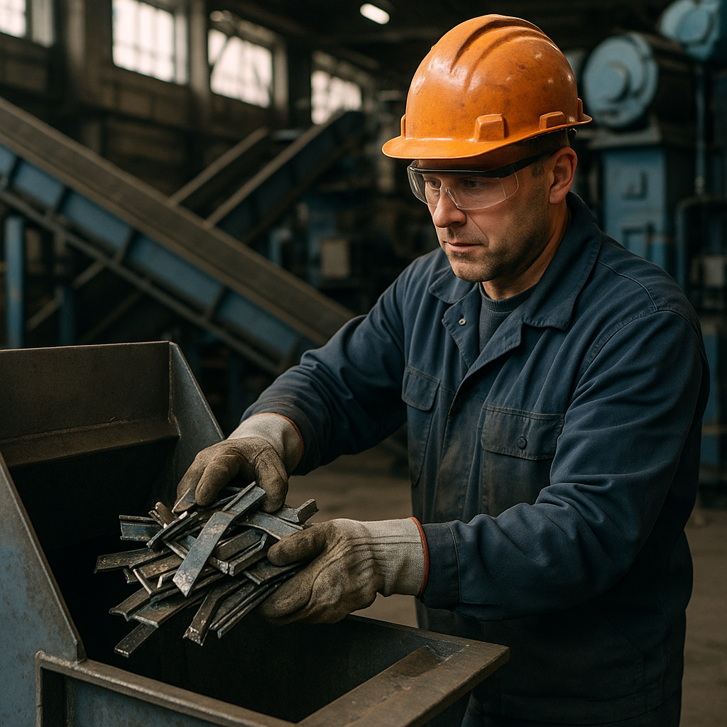Industrial Worker at Recycling Facility Industrial worker loading prepared steel scraps into a recycling facility shredder with conveyor belts and machinery in the background.
